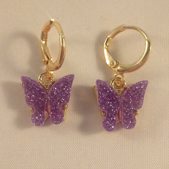 Gold Plated Mystic Purple Opal Resin Butterfly Dangle Earrings 12mm Party Gift - Picture 2 of 2